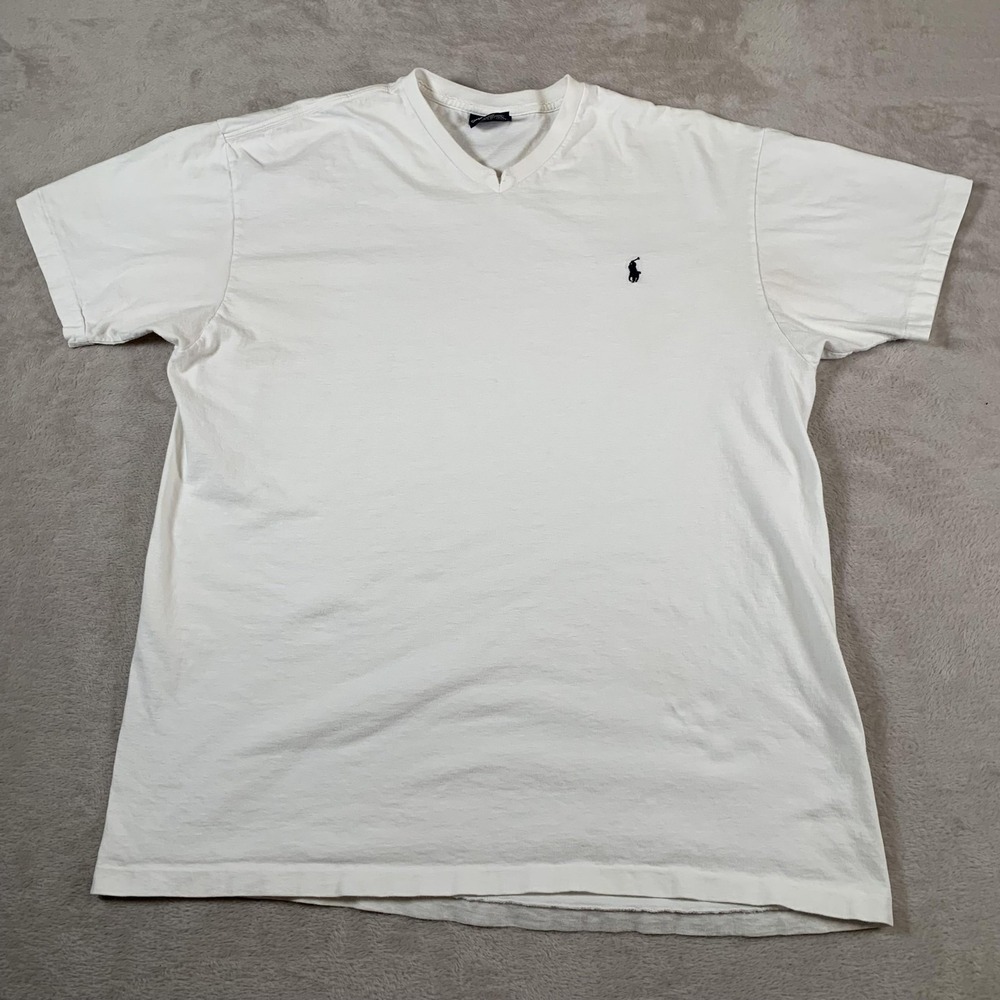 Vintage Polo Ralph Lauren Shirt Mens Medium White V Neck Pony‎ Single Stitch
